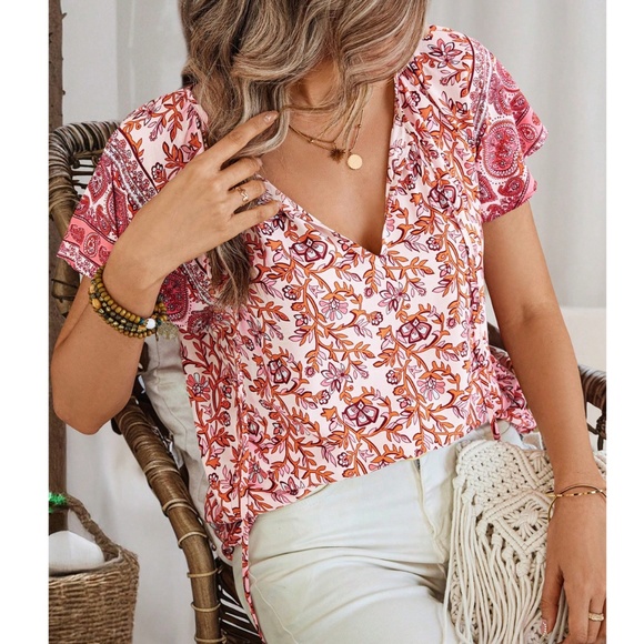 Pink Floral Printed Boho Short Sleeve Shirt V-Neck Ties - Picture 1 of 5